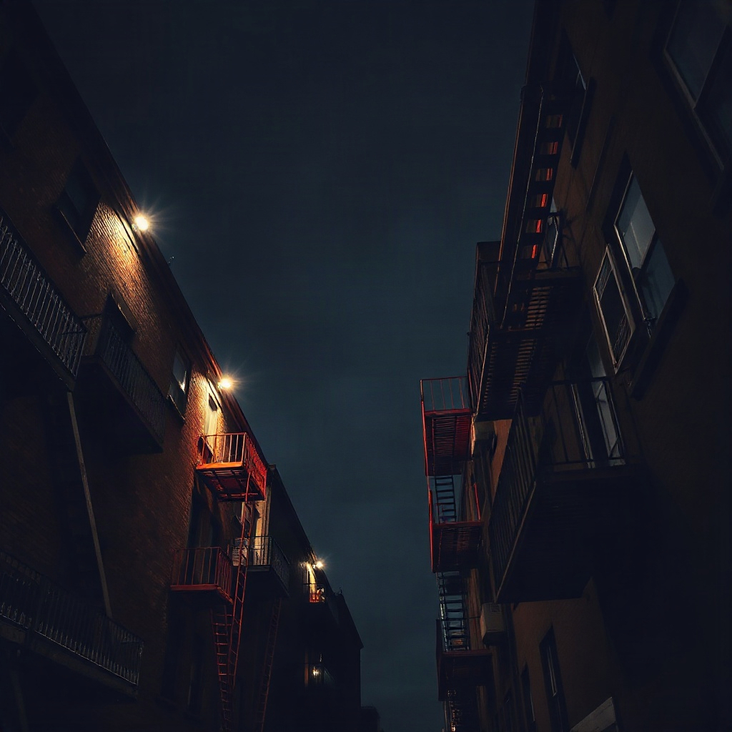 City facades with fire escapes at night