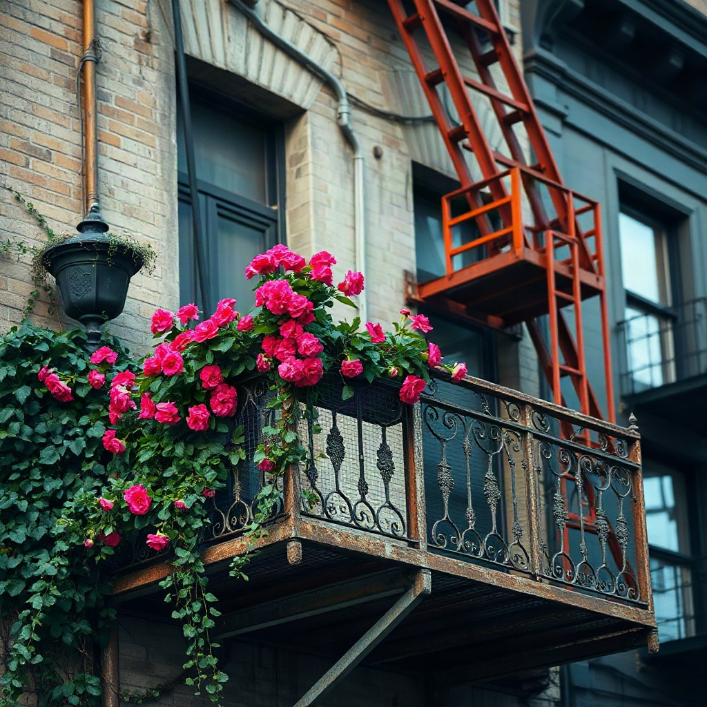 Vine-covered iron balcony