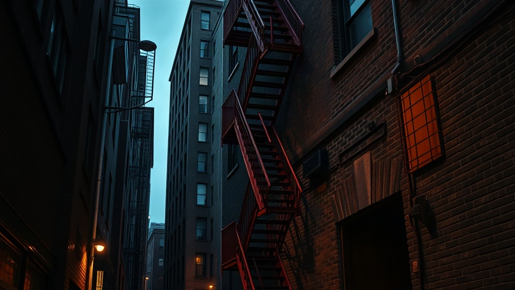 Red fire escape on a city building at dusk